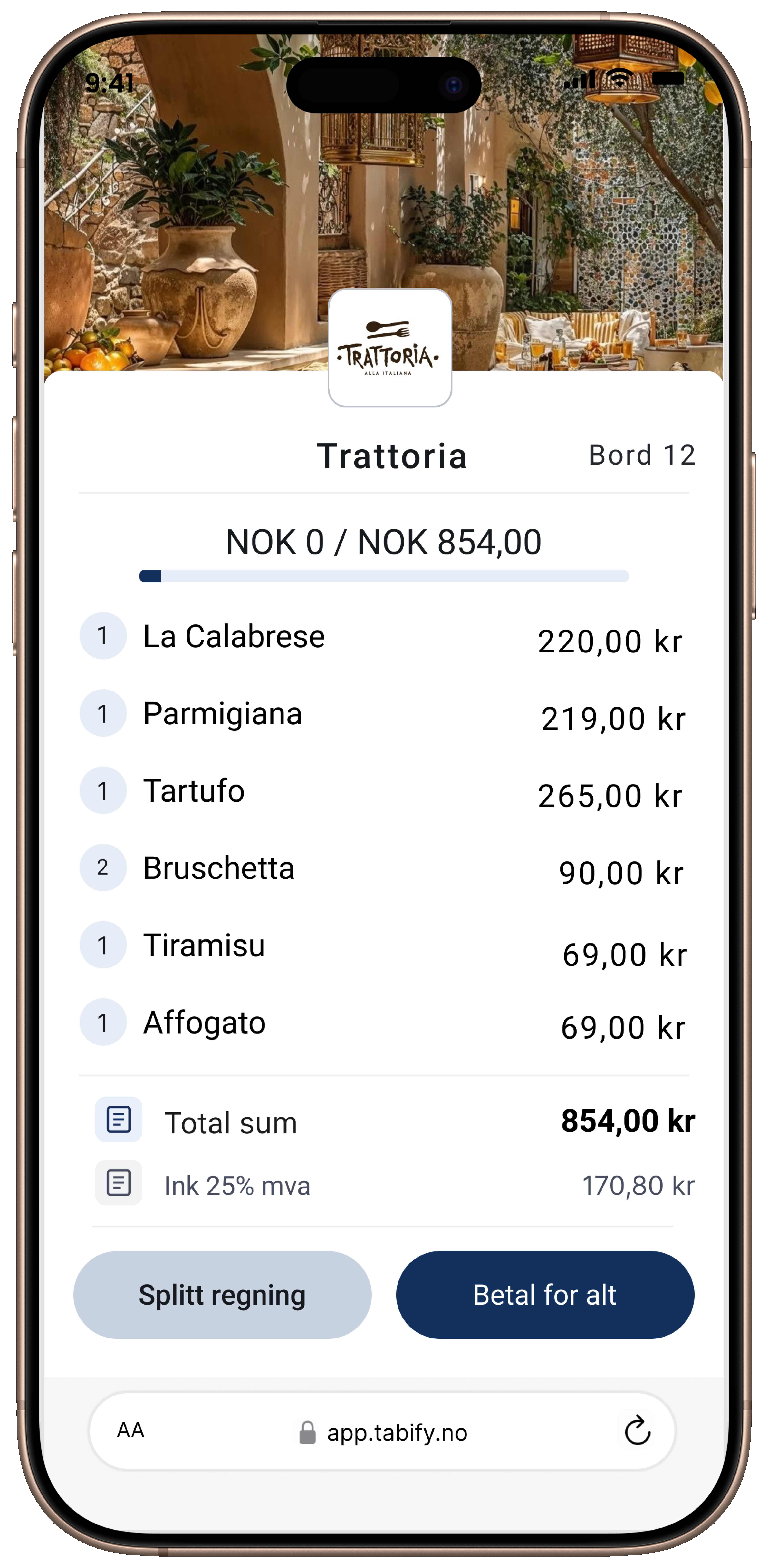 Tabify regning - Trattoria